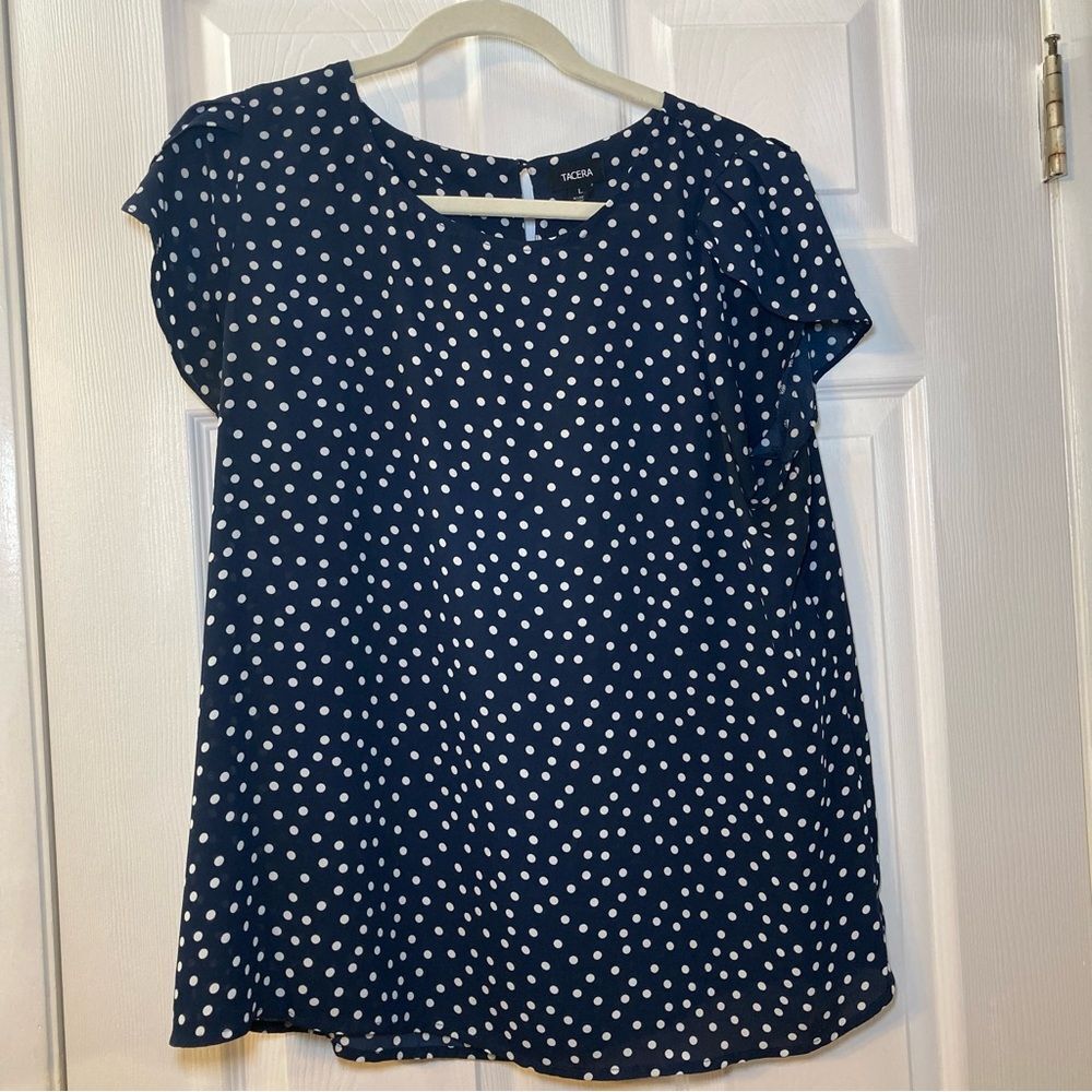 Tacera Navy Blue Polka Dot Blouse Womenβs Size Large